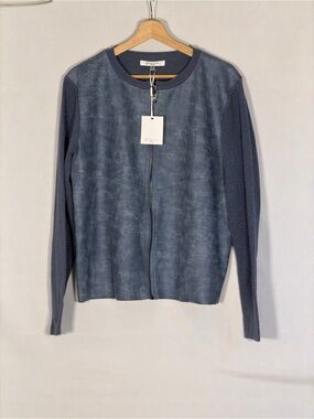 NWT Sioni Jacket Womens XL Blue Denim Distress Zip Front Open Knit Sleeve